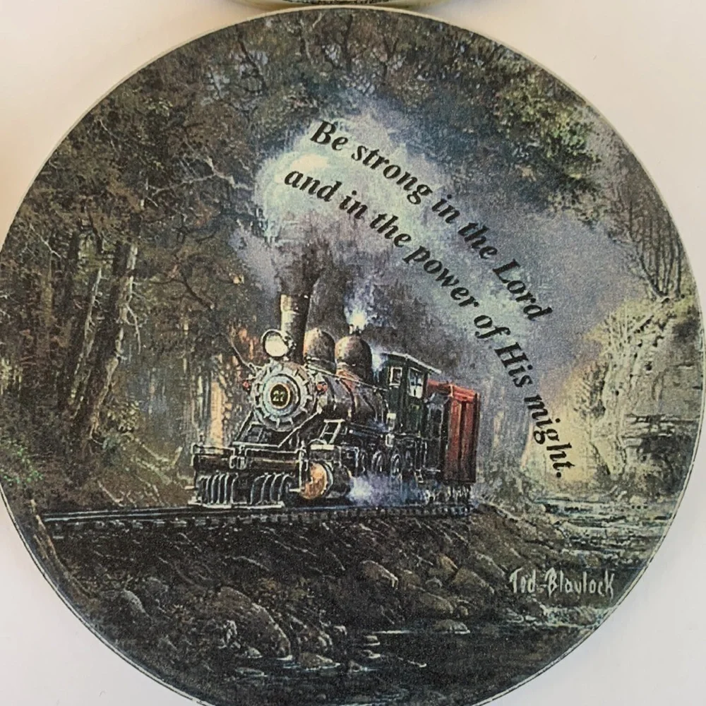Coasters For‎ Drink Ceramic Ted Blaylock Set of 4 Steam Train Art & Bible Verses